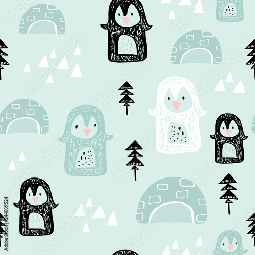 Seamless pattern with penguins in antarctica. Creative winter childish texture. Great for fabric, textile Vector Illustration