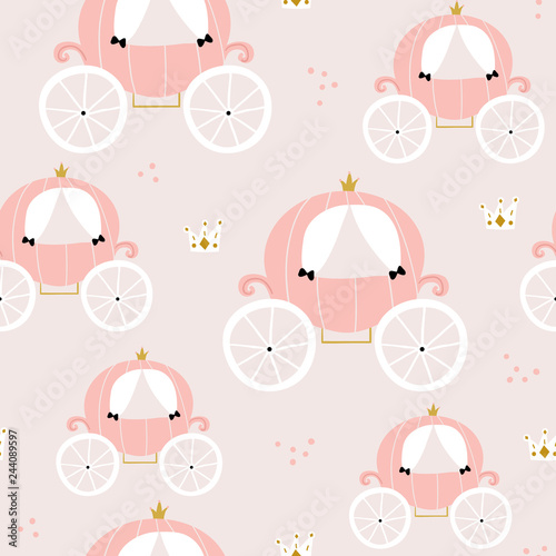 Childish seamless pattern with pink carriage in scandinavian style. Creative vector childish background for fabric, textile