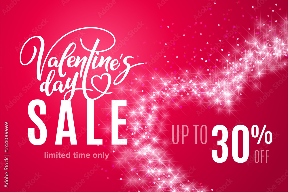 Valentine's day holiday sale 30 percent off with heart of glitter on red background. Limited time only. Template for a banner, poster, shopping, discount, invitation