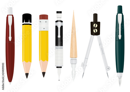 Cartoon writing tools collection. Pen, pencil, pencil compass, Flat vector.