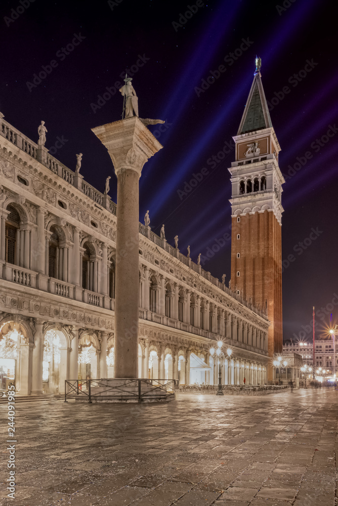Naklejka premium Night view of illuminated empty San Marco square in Venice, Italy