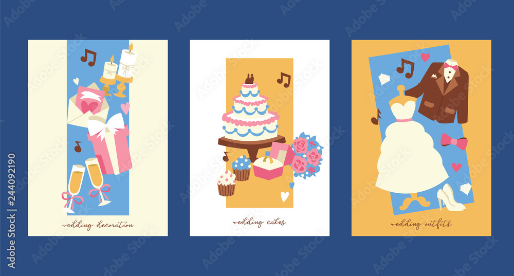 Wedding invitation cards vector illustration. Marriage decoration, cakes, outfits for bride and groom. jacket, bow, white dress, shoes, cupcakes, bunch of flowers, ring, champagne.