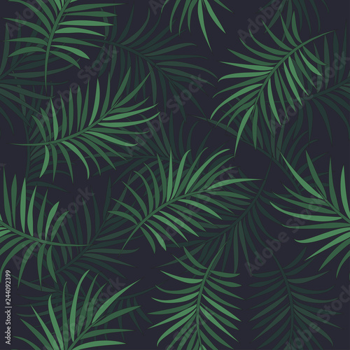Exotic background. Tropical vector seamless flower and leaves pattern. Jungle flowers. Blooming isolated jungle plants and palm. For wallpaper, backgrounds, surface textures. Vector illustration.