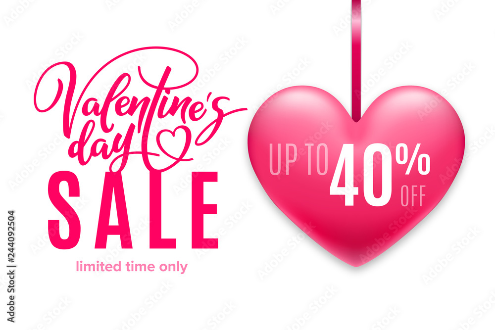 Valentine's day holiday sale 40 percent off with pink heart on white background. Limited time only. Template for a banner, poster, shopping, discount, invitation