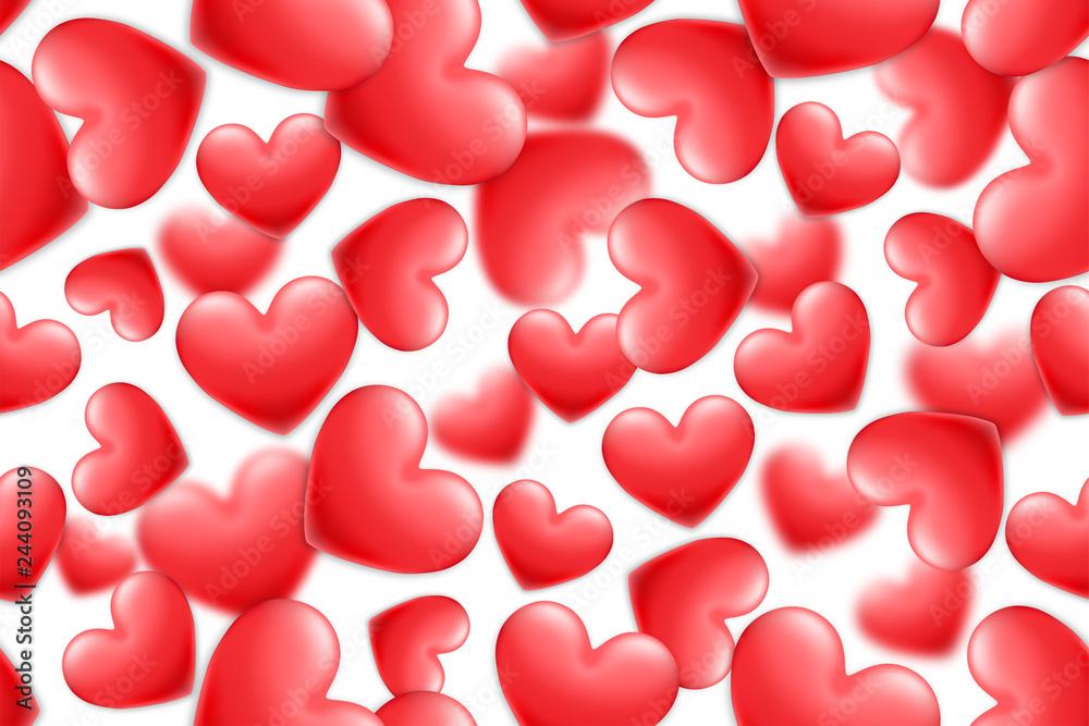 Valentine's day holiday seamless pattern with realistic shiny red hearts. Template for a banner, poster, shopping, discount, invitation