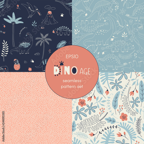 Dinosaur themed vector seamless background set includes cute dino reptiles, exotic leaves and flowers, geometric dots patterns, vector graphics, kids and baby summer textile tee shirt apparel print