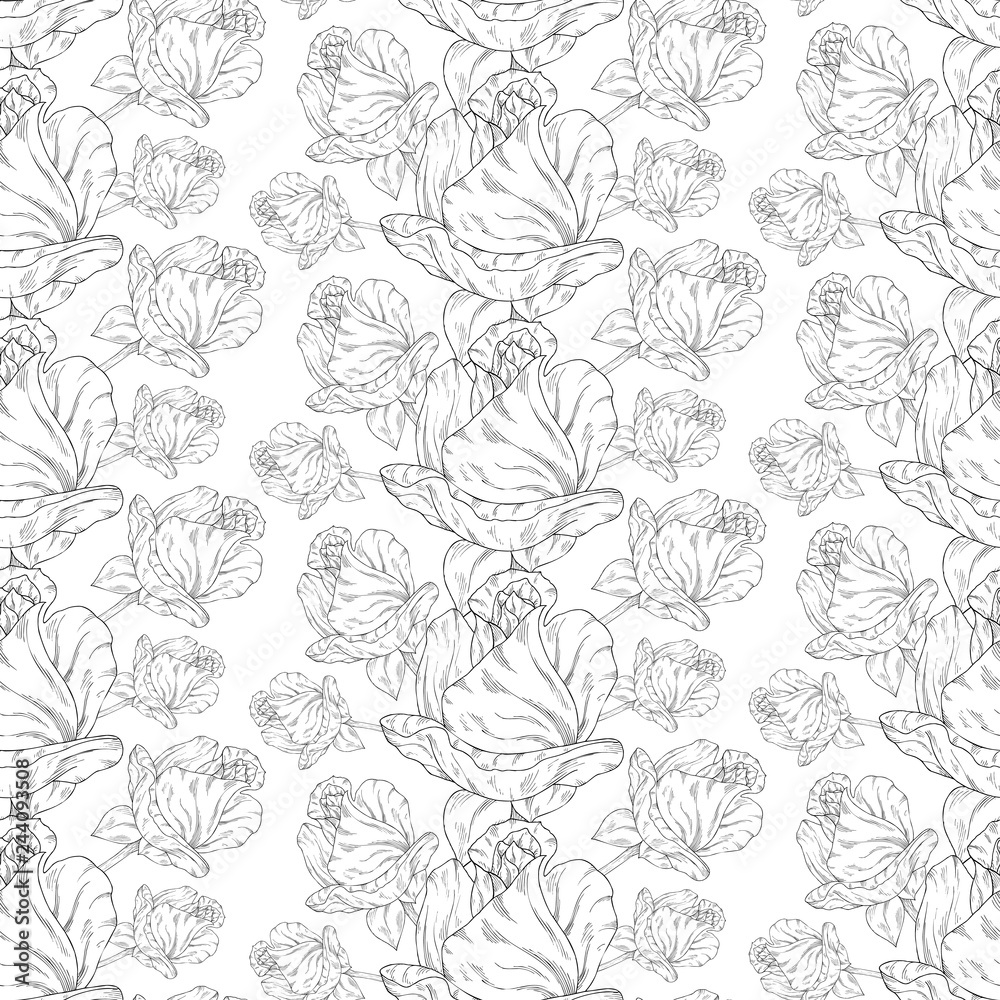 Seamless pattern. Plant in blossom, branch with flower ink sketch. Template for a business card, banner, poster, notebook, invitation, color book Seamless pattern. Plant in blossom, branch with flower ink sketch. Template for a business card, banner, poster, notebook, invitation, color book