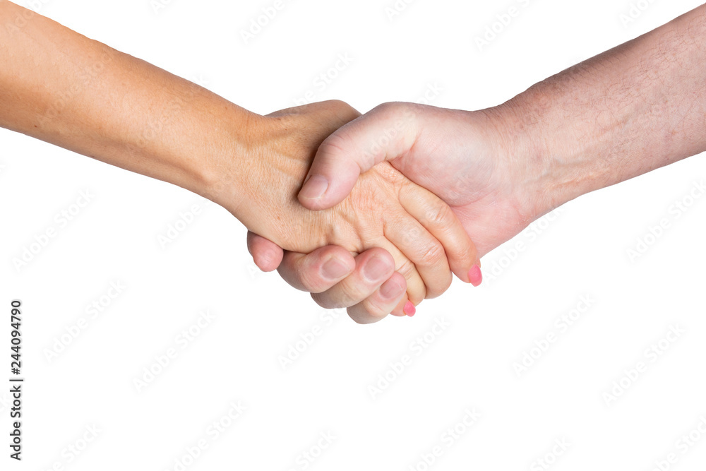 Business success concept. A handshake from two business partners isolated on a white background. Handshake of man and woman. Business success concept. A handshake from two business partners isolated on a white background. Handshake of man and woman.