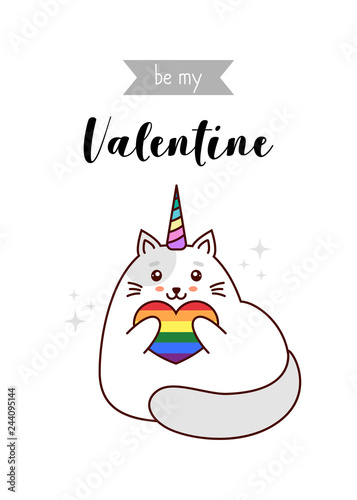 Valentine kawaii card, lgbt colours in shape of heart,  vector illustration, isolated on white background