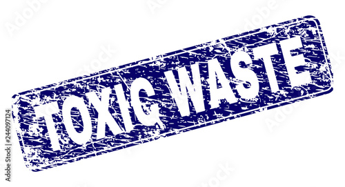 TOXIC WASTE stamp seal watermark with grunge texture. Seal shape is a rounded rectangle with frame. Blue vector rubber print of TOXIC WASTE tag with grunge texture.