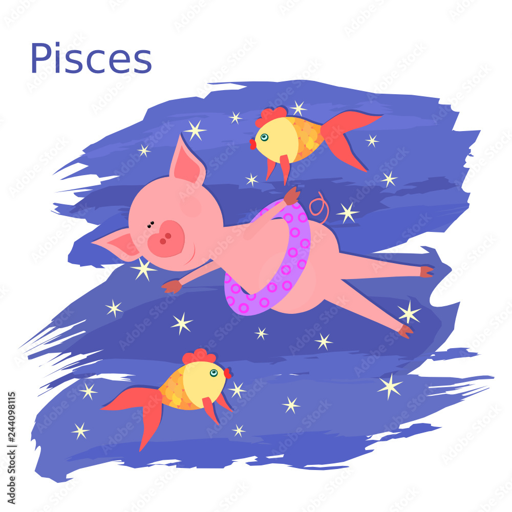 Funny and cute cartoon vector zodiac sign with pig. The Fish (Pisces).  Piglet with heart shaped nose is swimming with fishes Stock Vector | Adobe  Stock