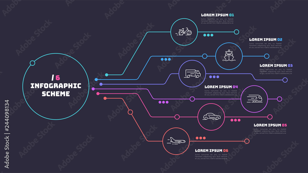 Thin line infographic scheme with 6 options. Vector template for