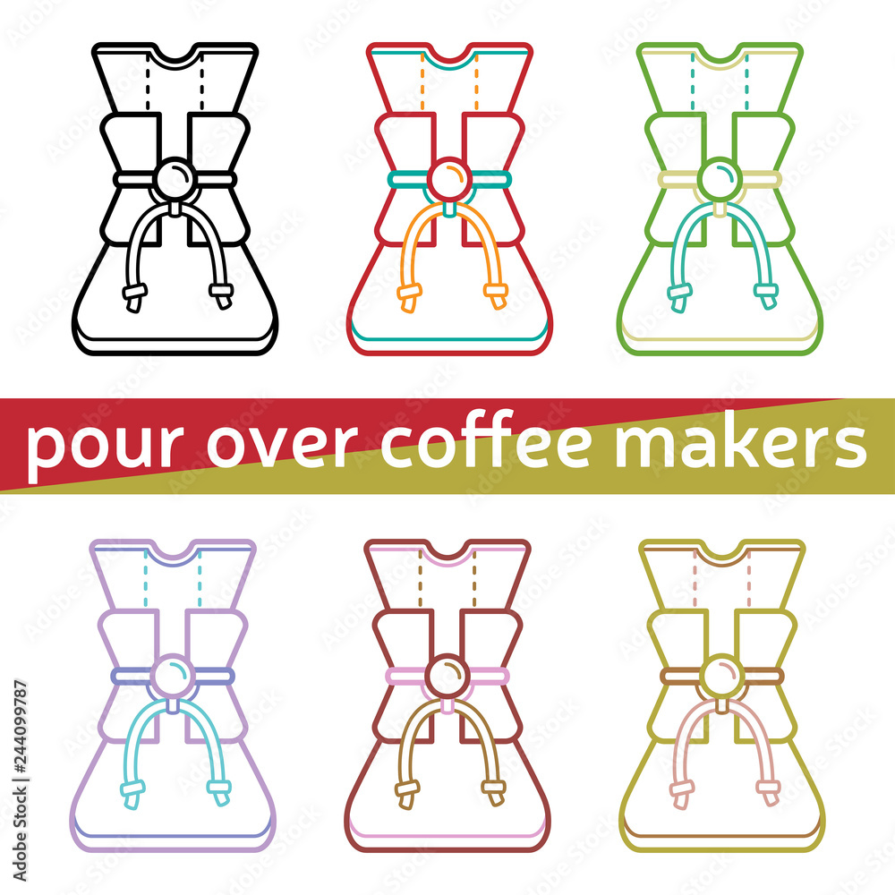 Set of pour over coffee makers for alternative brewing. Editable vector icons. Bright colors. Set of pour over coffee makers for alternative brewing. Editable vector icons. Bright colors.