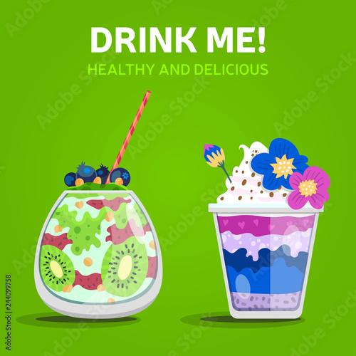 Vector isolated illustration of two fresh fruit smoothies, one of them with a striped straw. Healthy cocktails. Avocado, flowers, cream, blueberry, berries, chocolate