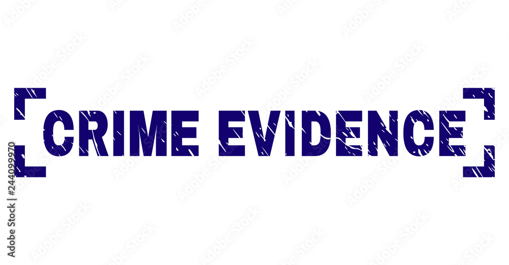 CRIME EVIDENCE text seal stamp with distress texture. Text title is placed inside corners. Blue vector rubber print of CRIME EVIDENCE with unclean texture.