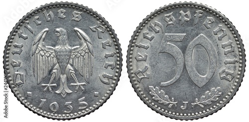 Photos Germany German aluminum coin 50 fifty pfennig 1935, eagle in center, date below