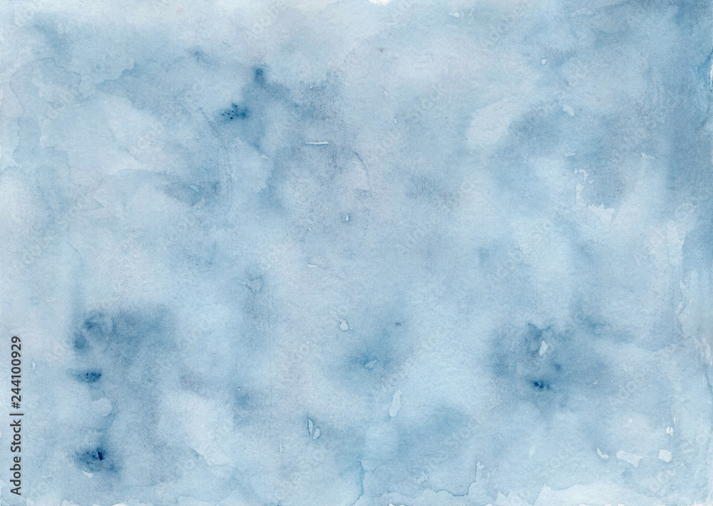 Pale dark stormy blue cloudscape wet watercolor background, wash technique. Thunderous sky concept illustration