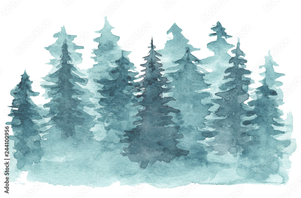 Obraz premium Beautiful watercolor background with mystery blue coniferous forest. Mysterious fir or pine trees in mist illustration for winter Christmas design, isolated on white background