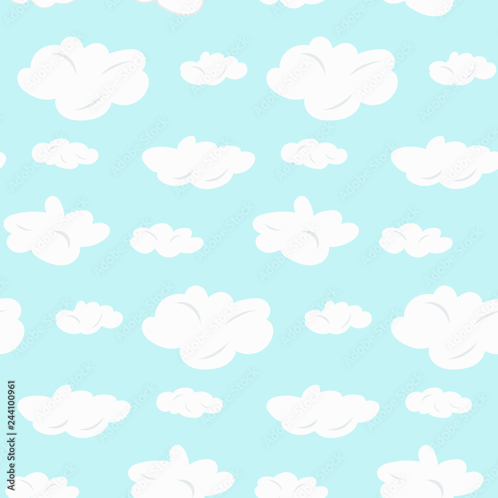 Cute seamless pattern with white clouds on blue sky. Bright tender cloudscape pattern for kids textile, wrapping paper, weather surface design, background