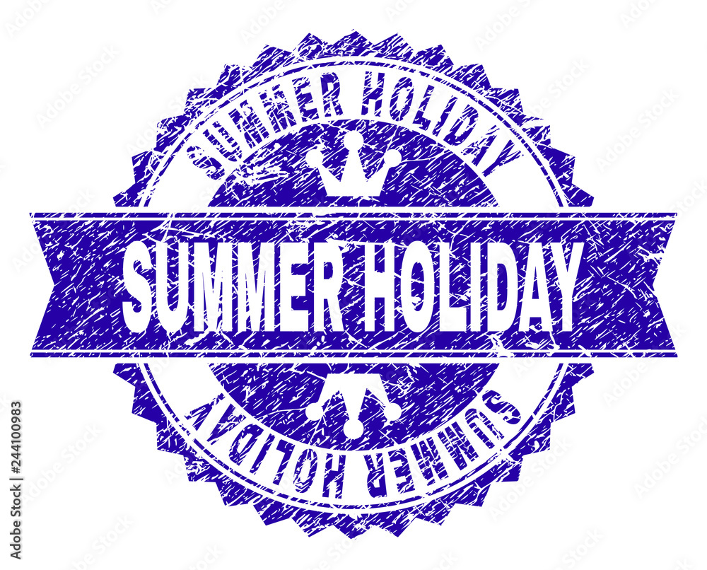 SUMMER HOLIDAY rosette seal overlay with grunge style. Designed with round rosette, ribbon and small crowns. Blue vector rubber watermark of SUMMER HOLIDAY title with grunge style. SUMMER HOLIDAY rosette seal overlay with grunge style. Designed with round rosette, ribbon and small crowns. Blue vector rubber watermark of SUMMER HOLIDAY title with grunge style.