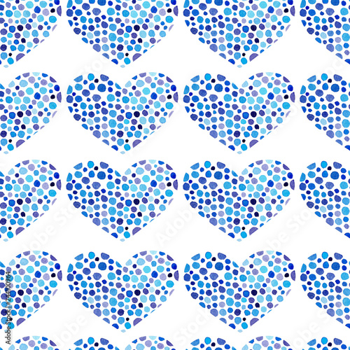 Watercolor blue hearts seamless pattern.