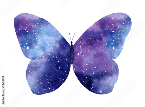 Watercolor galaxy butterfly isolated on the white background.