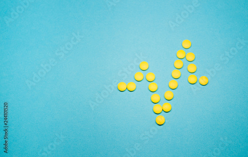 Yellow pills on a blue background. Pill rhythm
