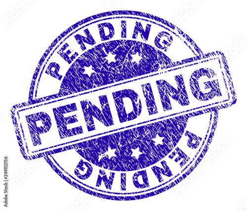 PENDING stamp seal imprint with grunge texture. Designed with rounded rectangles and circles. Blue vector rubber print of PENDING title with corroded texture.