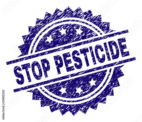 STOP PESTICIDE stamp seal watermark with distress style. Blue vector rubber print of STOP PESTICIDE title with unclean texture.