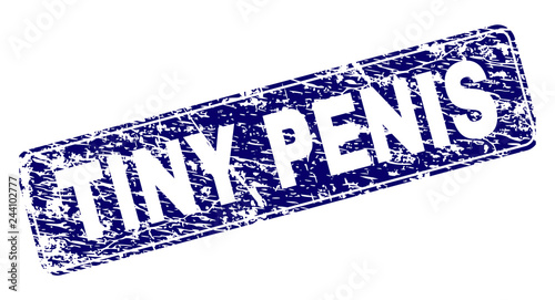 TINY PENIS stamp seal print with distress style. Seal shape is a rounded rectangle with frame. Blue vector rubber print of TINY PENIS label with grunge style.