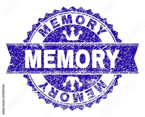 MEMORY rosette stamp seal imprint with grunge style. Designed with round rosette, ribbon and small crowns. Blue vector rubber watermark of MEMORY text with grunge style.