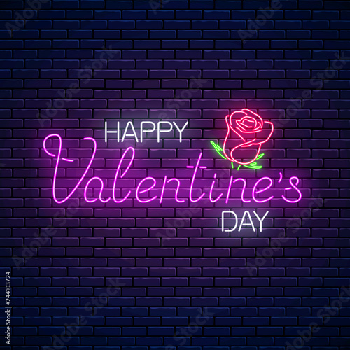 Glowing neon happy valentines day text with rose flower. Vector illustration of valentine day greeting card