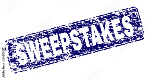 SWEEPSTAKES stamp seal print with grunge texture. Seal shape is a rounded rectangle with frame. Blue vector rubber print of SWEEPSTAKES label with corroded texture.