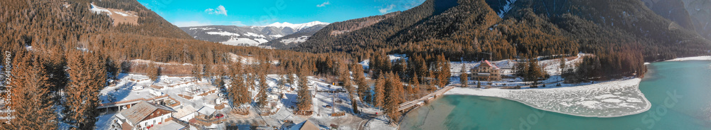 Lake of Dobbiaco aerial view from drone, Austria