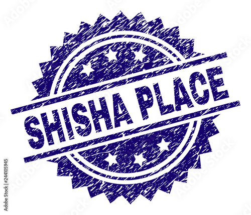 SHISHA PLACE stamp seal watermark with distress style. Blue vector rubber print of SHISHA PLACE text with retro texture.