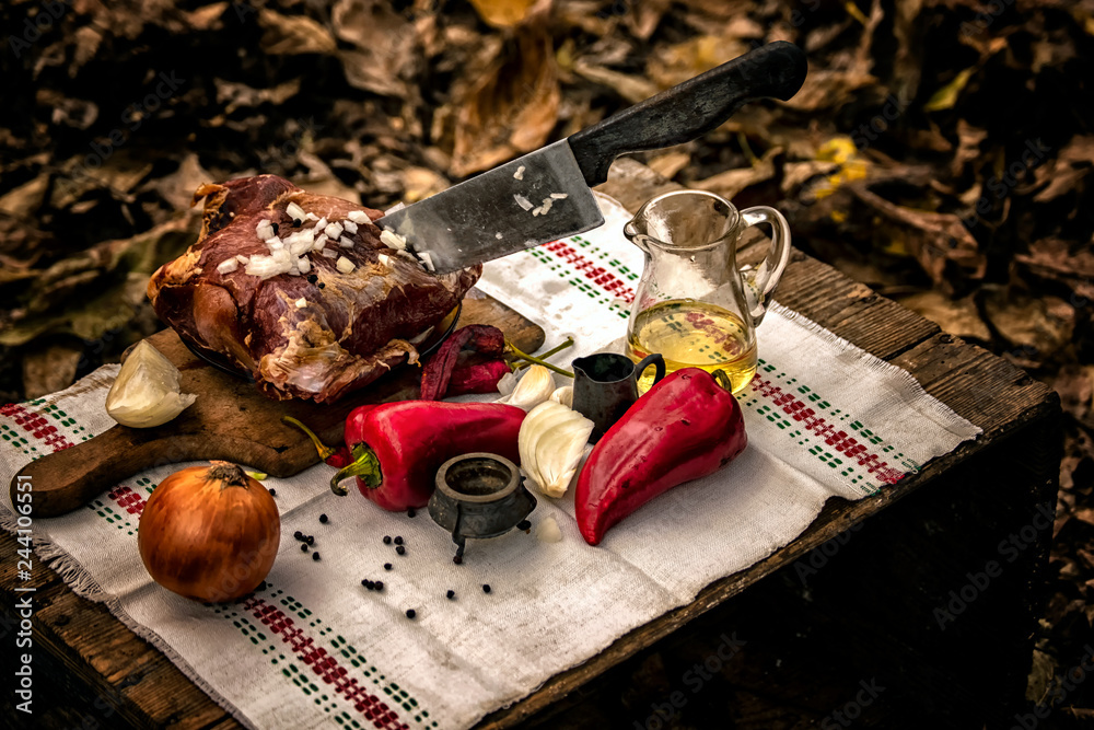 Outdoor cooking. Late fall. Decided to cook outsie. Meat. Knife. Paper, opnion, olive and other nessessary for the cooking products 