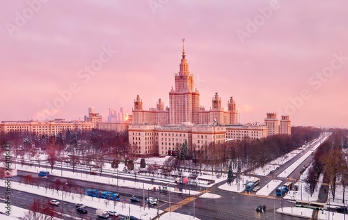 Vibrant aerial panorama of winter campus of famous sunset university with snowed trees in Moscow