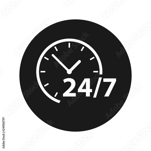 24/7 clock icon flat black round button vector illustration