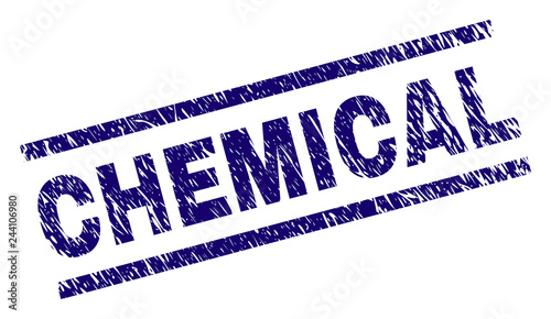 CHEMICAL seal print with distress style. Blue vector rubber print of CHEMICAL caption with unclean texture. Text label is placed between parallel lines.