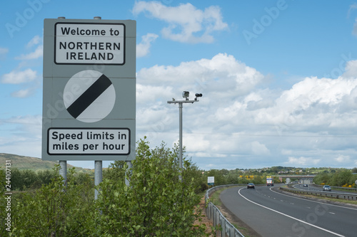 Republic of Ireland and Northern Ireland border sign on M1 motorway. Ireland. May 2017