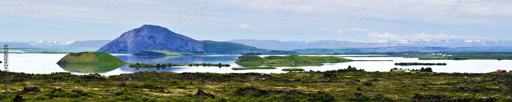 Panorama of Myvatn lake with islets of volcanic pseudocraters  in Northern Iceland.