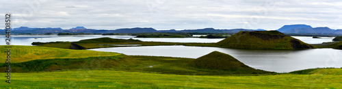 Panorama of Myvatn lake with islets of volcanic pseudocraters in Northern Iceland.