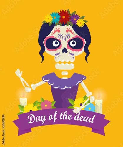 catrina with skull decoration and flowers to day of the dead event