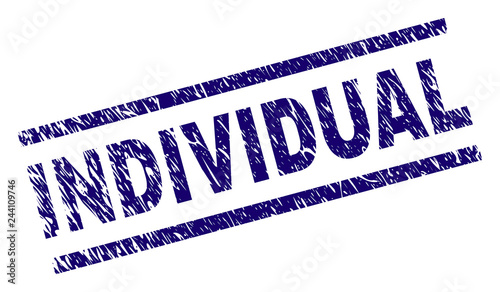 INDIVIDUAL seal watermark with distress style. Blue vector rubber print of INDIVIDUAL text with unclean texture. Text tag is placed between parallel lines.