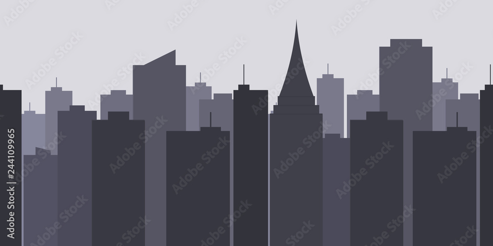 Megalopolis background.Seamless border with cute urban cityscape in the evening or at night: silhouettes of modern houses, buildings and Church or Cathedral. Vector illustration