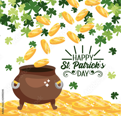 gold coins inside cauldron with clovers to st patrick event