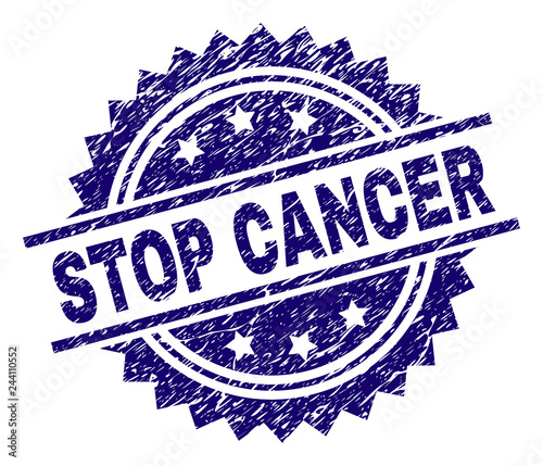 STOP CANCER stamp seal watermark with distress style. Blue vector rubber print of STOP CANCER title with unclean texture.