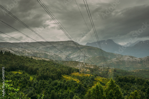 Beautiful view to the voltage power line in mountains, Norway