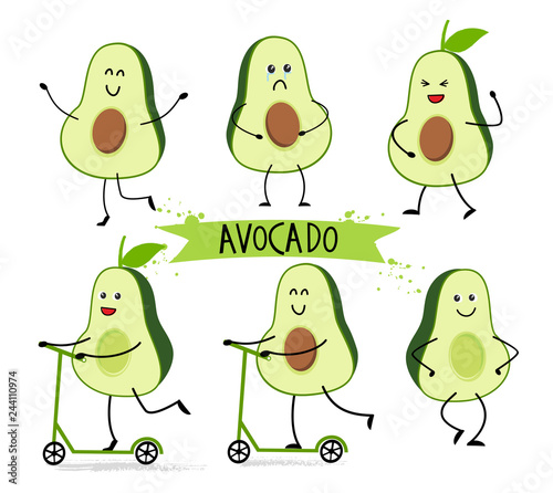 Set of cute avocado character in cartoon style