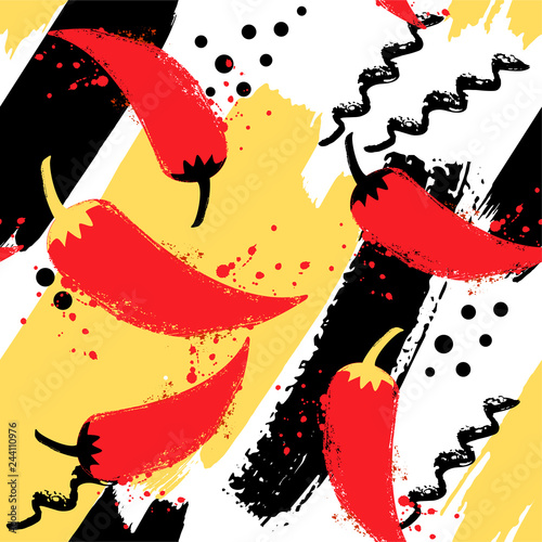 Abstract seamless pattern with hand drawn brush srokes and chili pepper